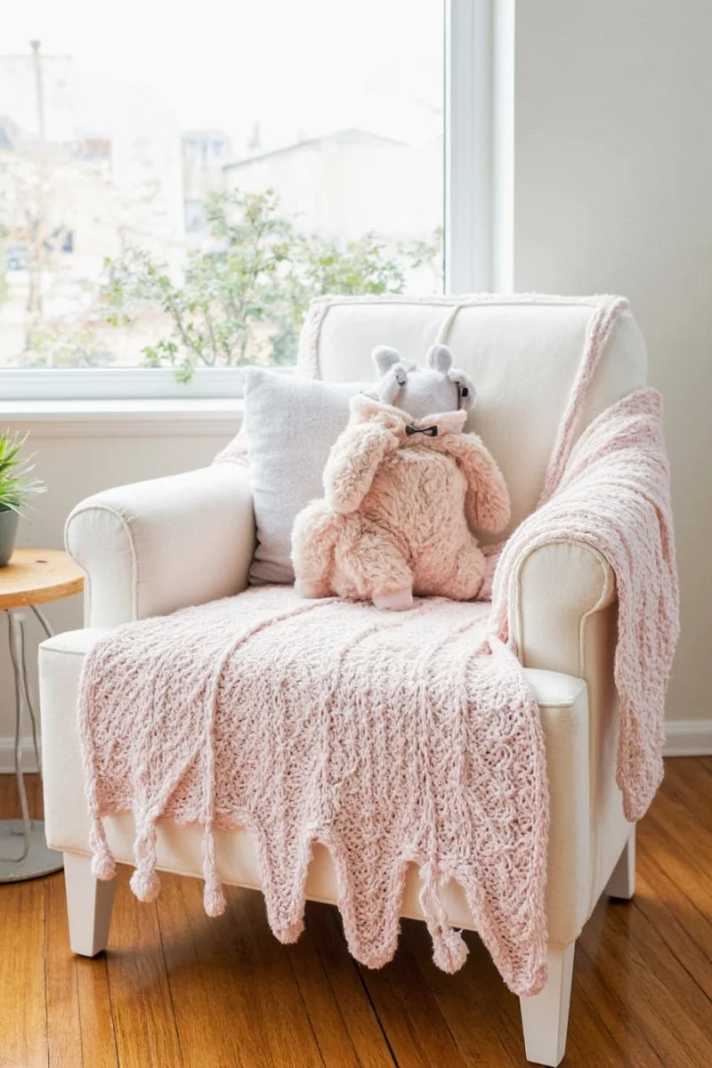 Seasonal chair blankets stacked neatly by season.