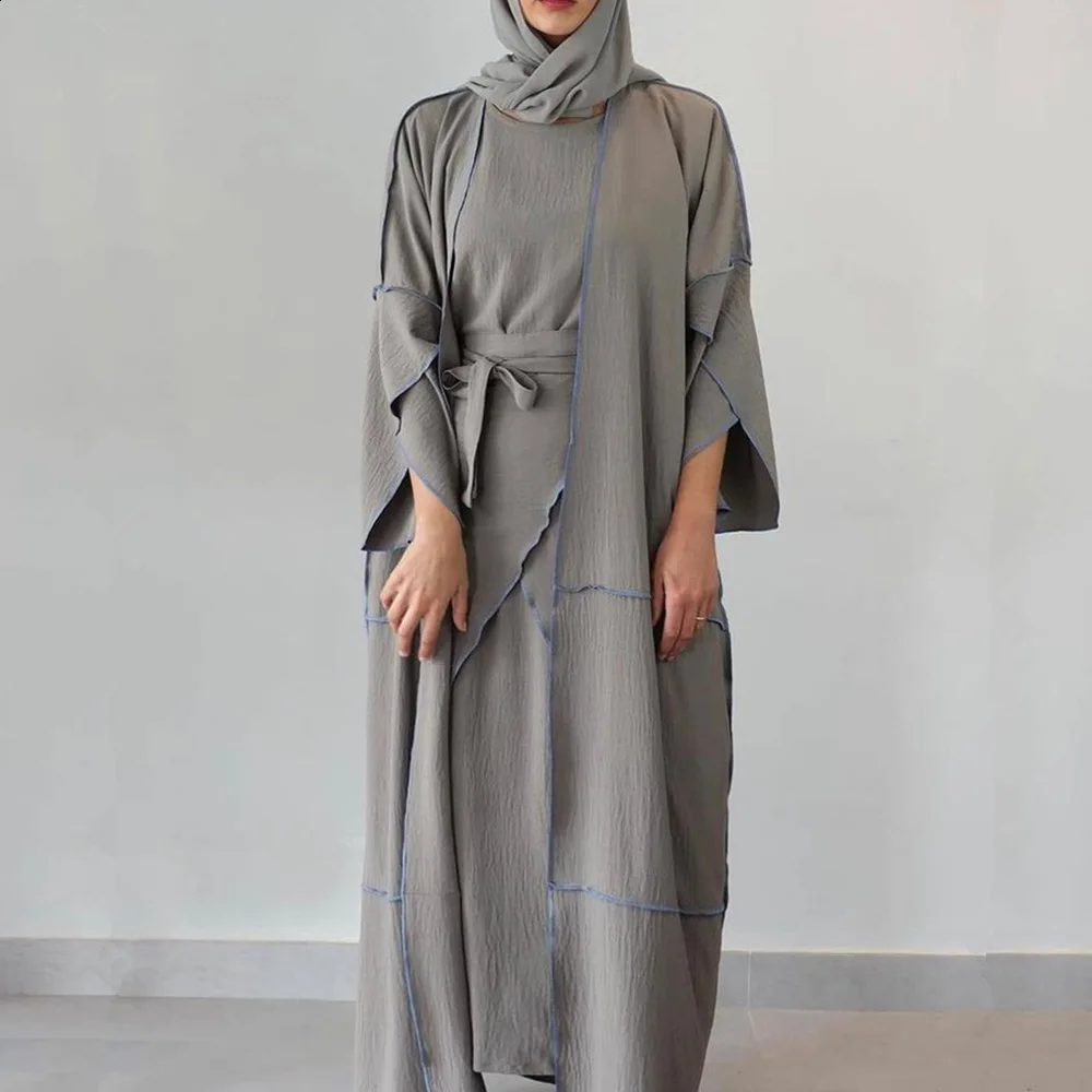 

In Stock Beauti Beaded Batwing Sleeve Baju Dubai Kimono Cardigan Satin Abaya Dress