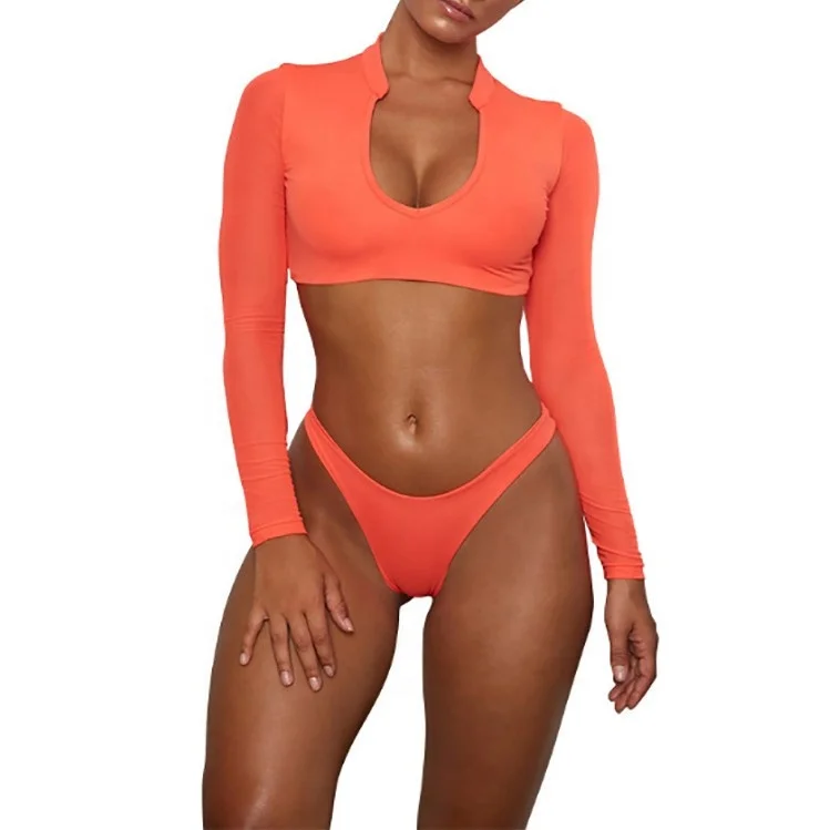 

FFX59 Swimwear Long Mesh Sleeves Bikini Accept Customization U Neck Brazilian Thong Bottom Swimwear 2021 Trajes De Bao For Women, White, blue, red, orange, yellow, pink orange or custom