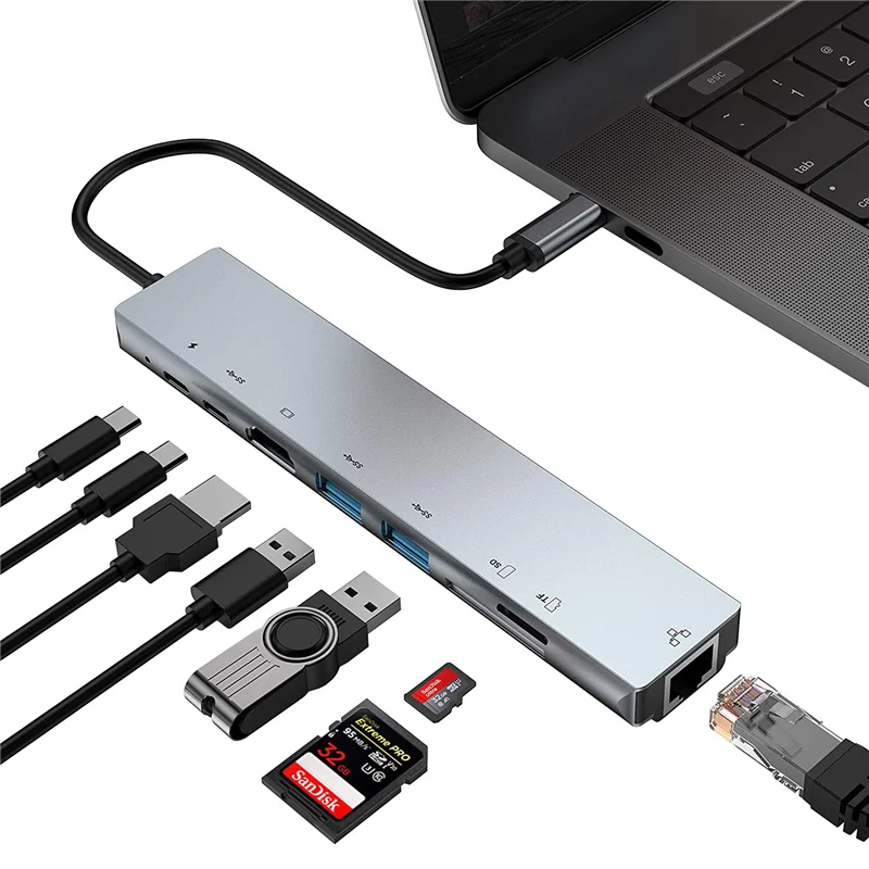 

Multi Function HDMI-Compatible Hub Adapter Usb Type C Hub 8 In 1 Usb Hubs For Macbook Pro And Windows Laptops