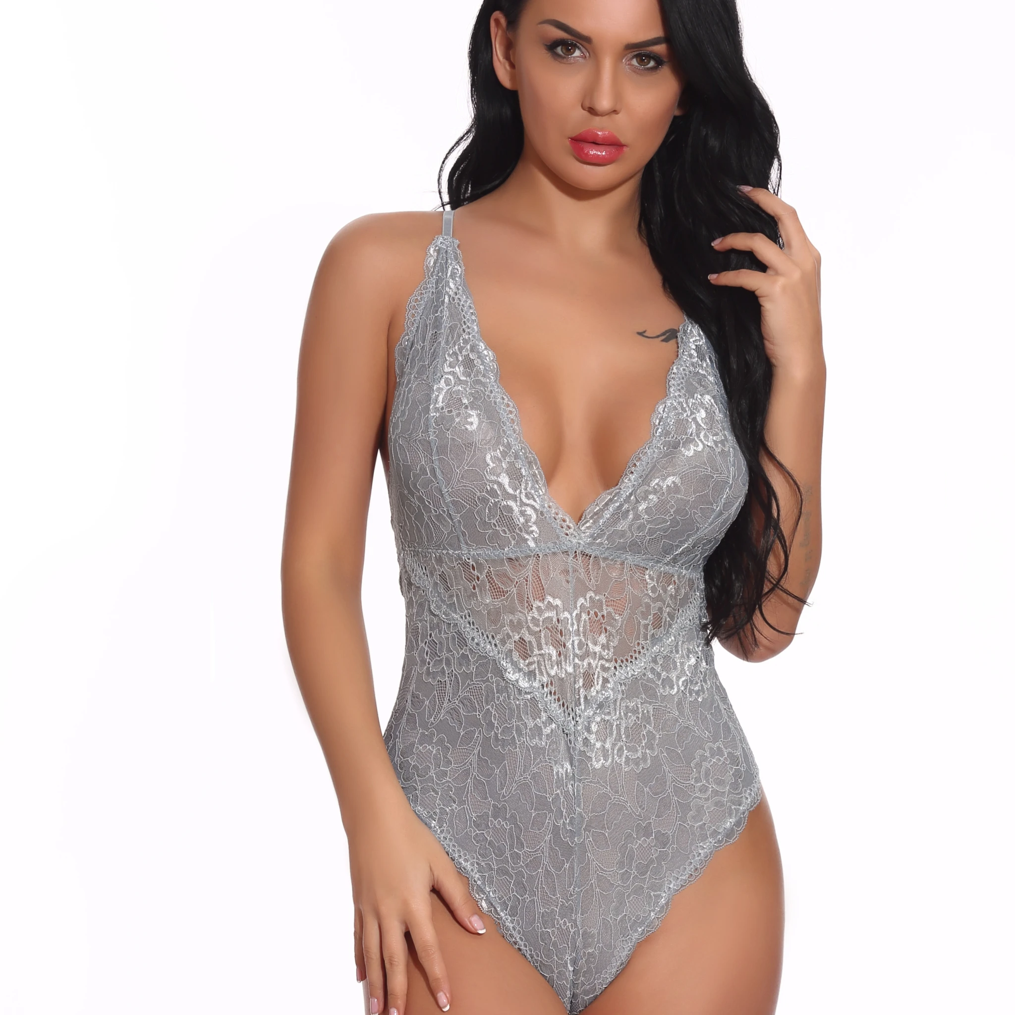 

Wholesale Women Bodysuit Transparent Sheer Mesh Lace Cupped Sexy Lingerie