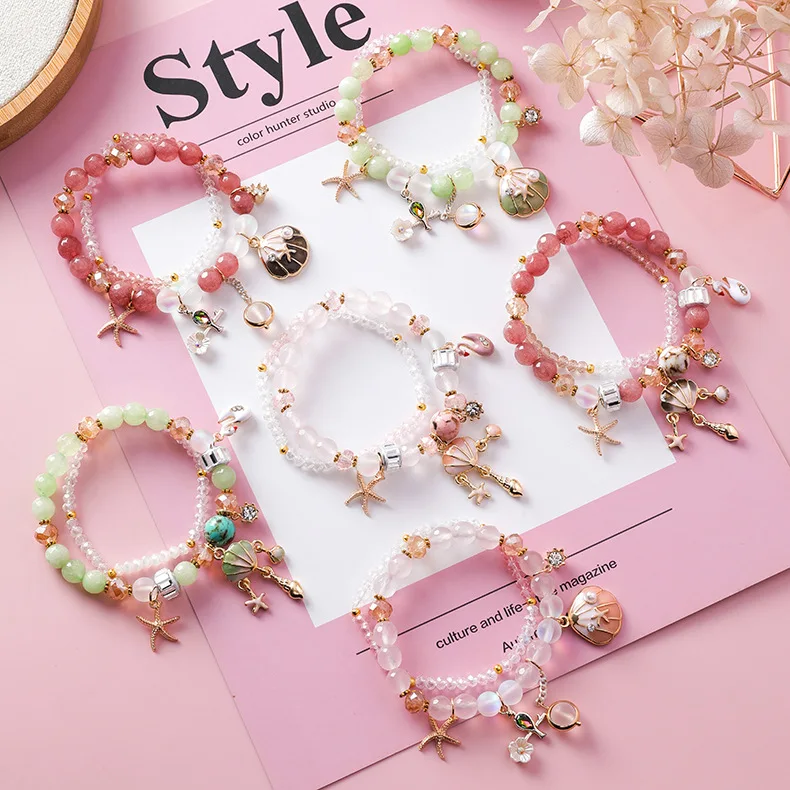 

Sweet starfish shell flower bracelets bangles women double layer crystal beads bracelets (KB8293), As picture