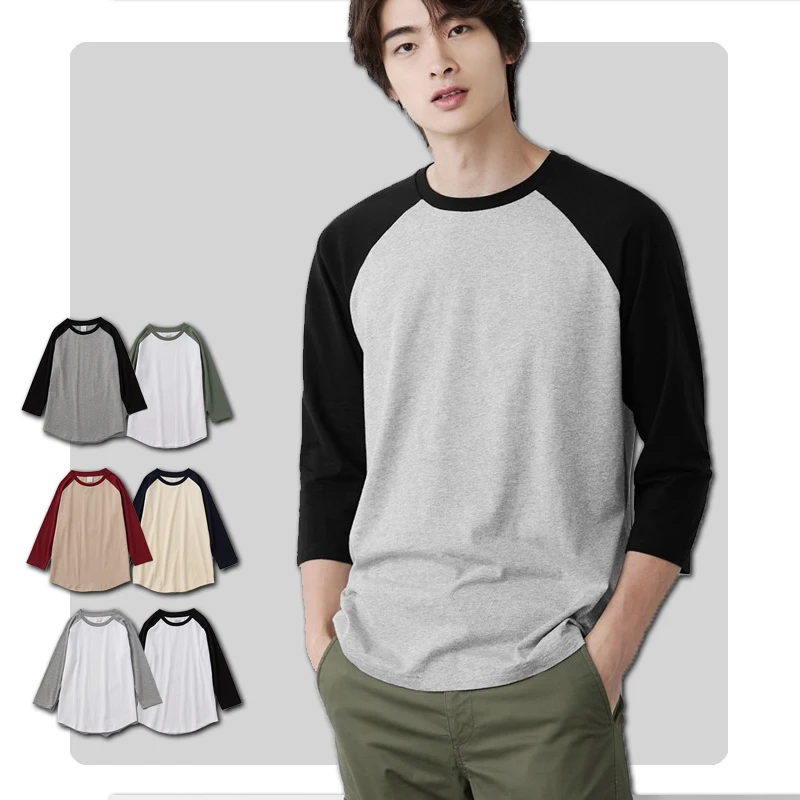 Custom European American 2022 Solid Breathable Printing 100% Cotton Round Neck T-Shirt Men Three Quarter Sleeves