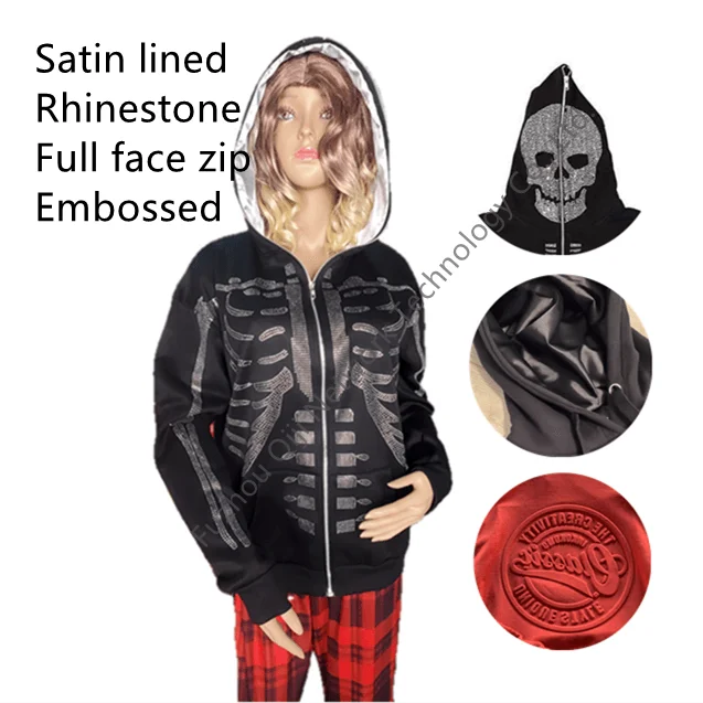 

Custom Logo Mens Women Unisex Silk Satin Lined Skeleton Embossed Rhinestone Full Face Zip Hoodie, Customized color
