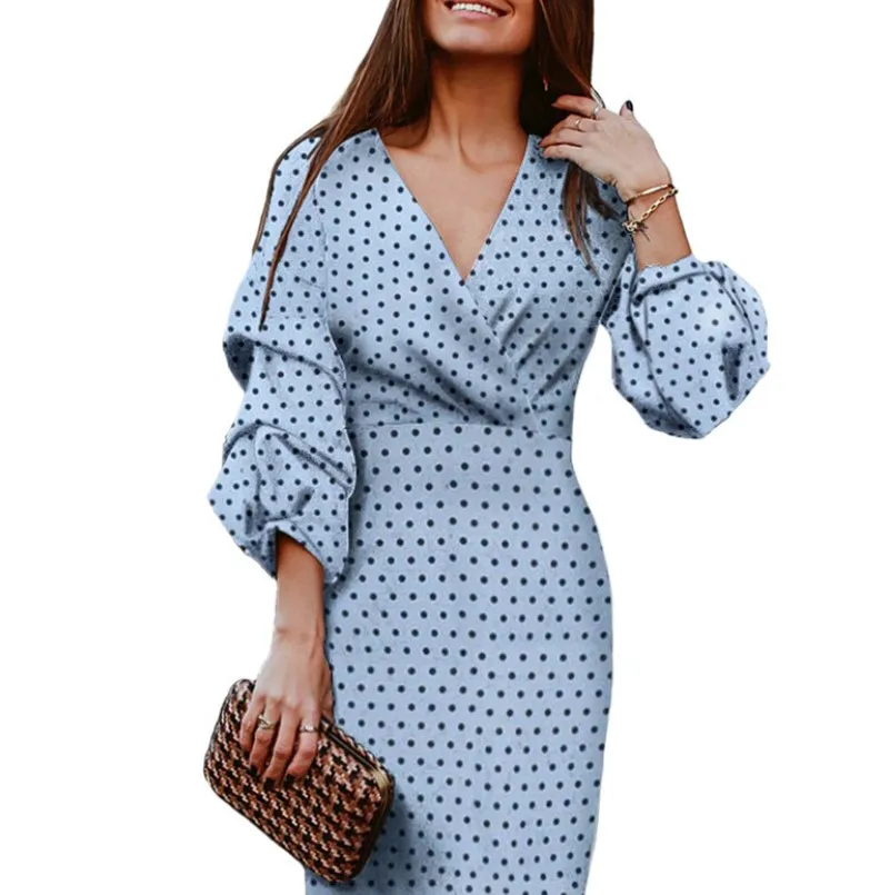 

Womens Fashion Lady Sexy V-neck Polka Dot Print Lantern Sleeve Party Casual Slim Vintage Midi Dress