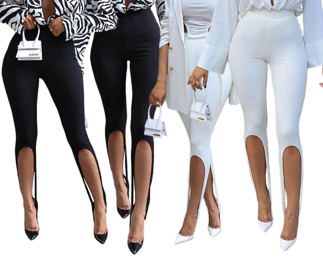 

2021summer ladies nightclub Fashion Rib stirrup pants women High Waist Split Cut out tight legging women's trousers & pants, Black/white/women's trousers & pants