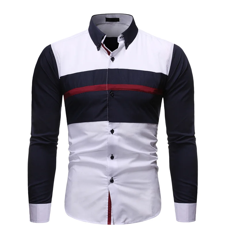 

Free Shipping Color Stripe Block Long Sleeve Casual Business Men Shirt, White collar, navy collar