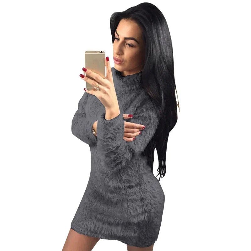 

Fluffy Casual Turtle Neck Bodycon Winter Long Sleeve Pullover Knitted Women Sweater Dress