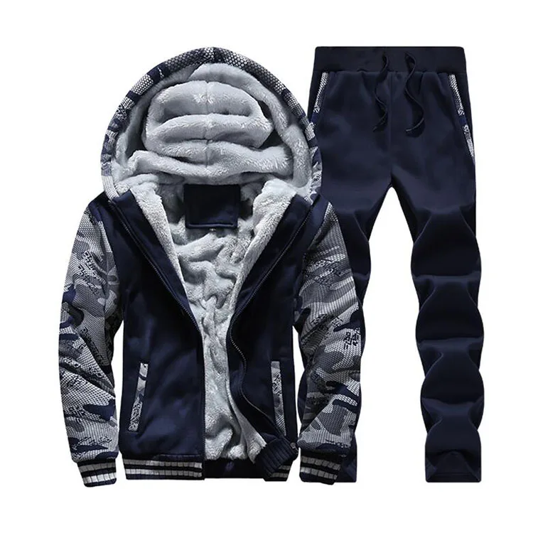 

Fashion Men Winter Tracksuit Casual Hooded Warm Sweatshirts Thick Fleece 2PC Jacket+Pant Men Suit