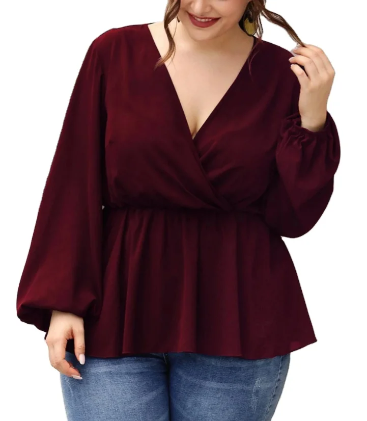 

The latest style casual fashion plus surplice ruffled hem long sleeve woman blouse