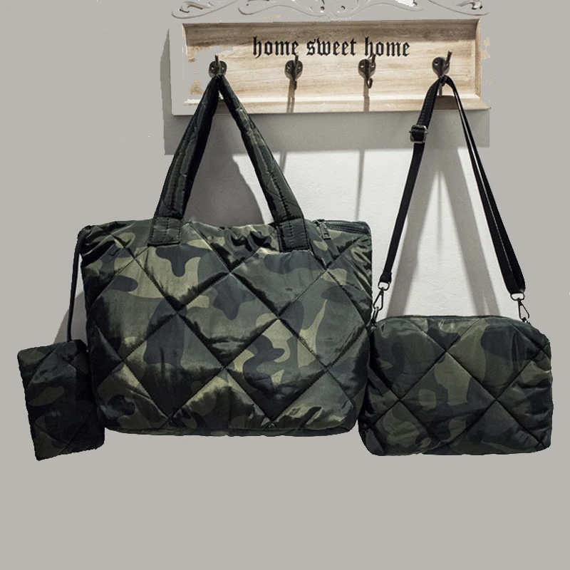 

Women Fashion Green Camouflage Quilted Puffer Shoulder Bag Crossbody Tote Bag Weekend Travel Winter Bags