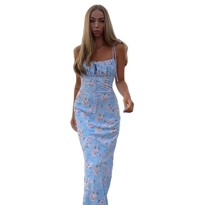 

Floral Sling Dress Sexy Floral Folds Skirt Halter Back Lace Long Dress for Women XQM