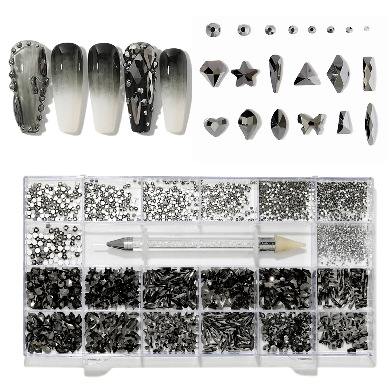 

21 colors/box nail art rhinestone crystal mix Shape Flat Bottom Glass nail gems art decoration rhinestones, Color mixing