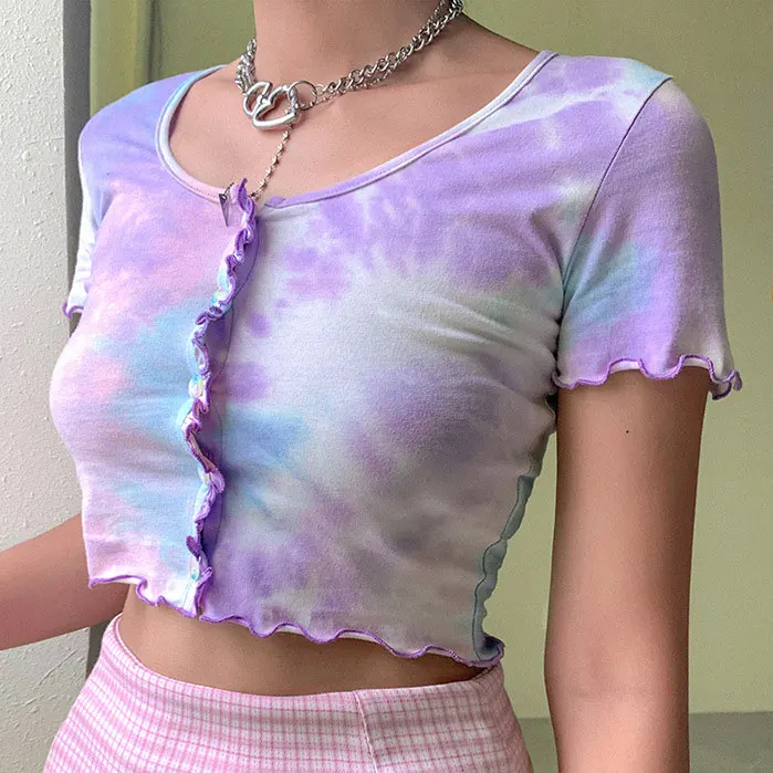 

FS2730A Short Sleeve tie dyed Crop Top Female Streetwear Tops 2020 Summer Women Sexy T shirt