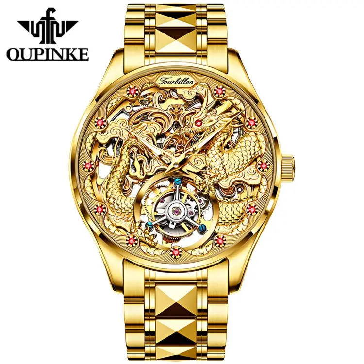 

OUPINKE 3176G Top Luxury Cool Classic Chinese Dragon Watch Tourbillon Sapphire Mechanical Stainless Steel Business Men Clock