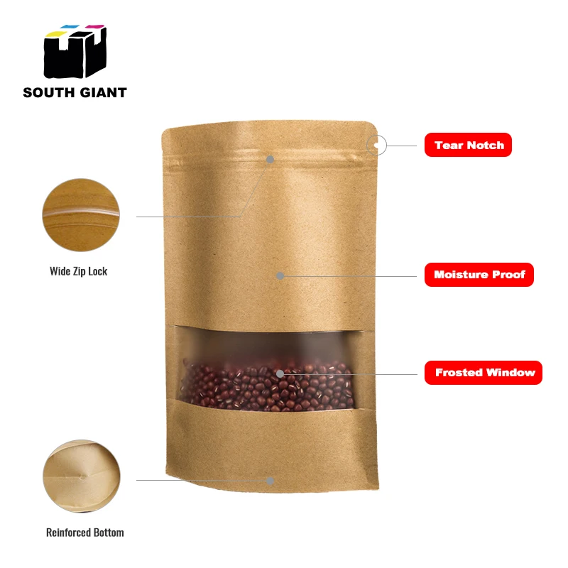
Wholesale Custom Food Package Window Kraft Paper Zip Lock Bag Stand Up Pouch 