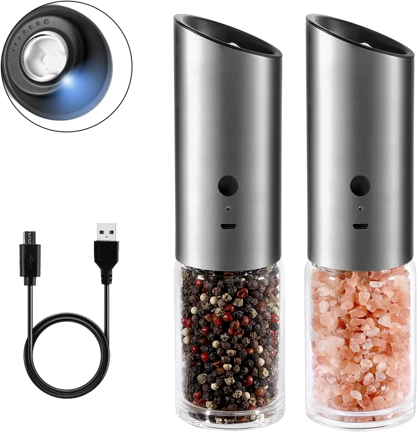 

CE Rohs Rechargeable USB Ceramic Burr manual Spice Mill Gravity Electric Salt and Pepper Grinder with LED light
