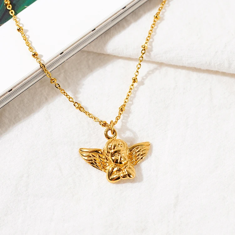 

New Design Gold Small Bead Rolo Necklace Chain Baby Angel Jewelry Fashion Stainless Steel Cute Prayer Guardian Angel Necklace