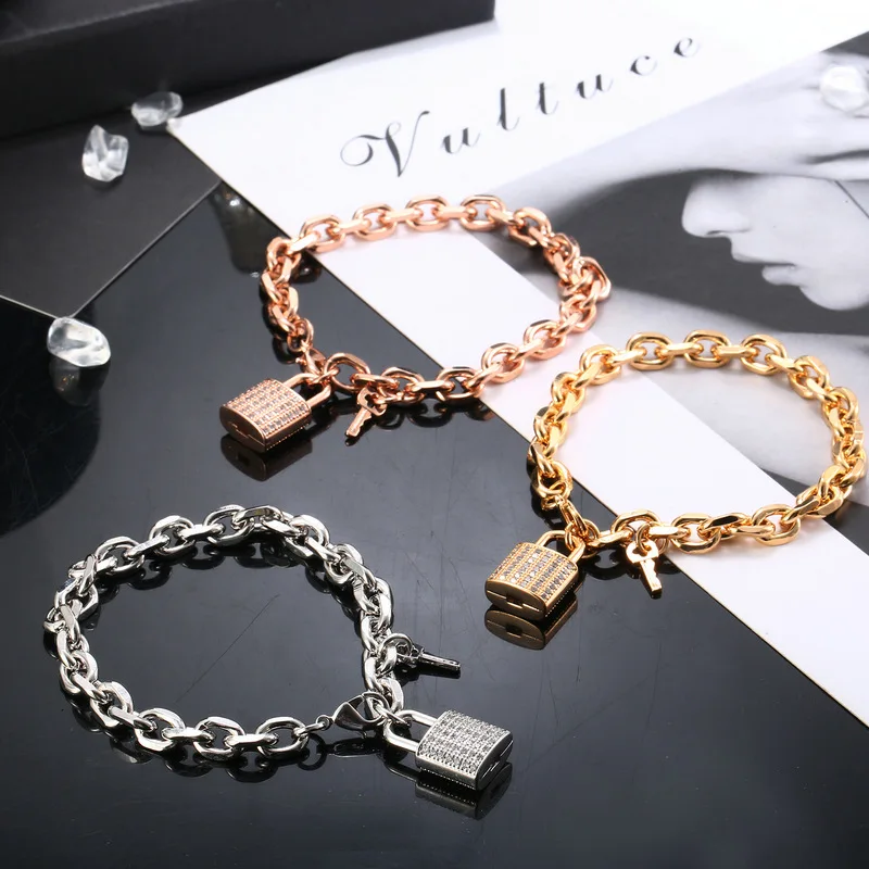 

Wholesale Cubic Zirconia Small Lock key Pendant Charms Bracelet Women Link Chain Gold Silver Lover Lock Bracelet