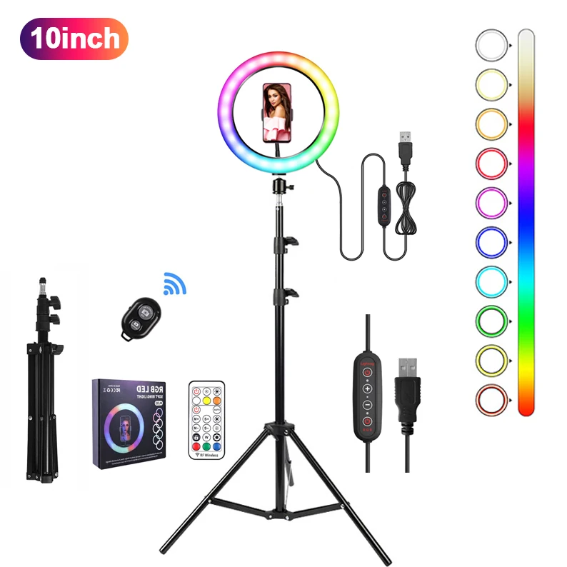 

adjustment with phone holder remote control LED RGB 10 inch selfie ring light with 200cm tripod stand blue tooth for tiktok