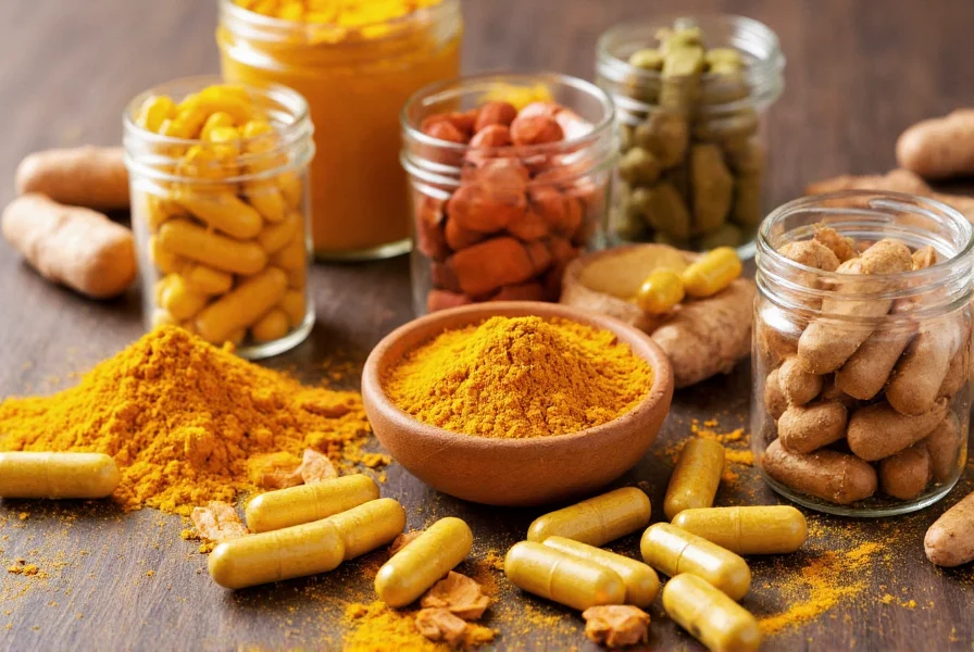 Different forms of turmeric supplements including powder, capsules, and liquid extracts arranged on a wooden table