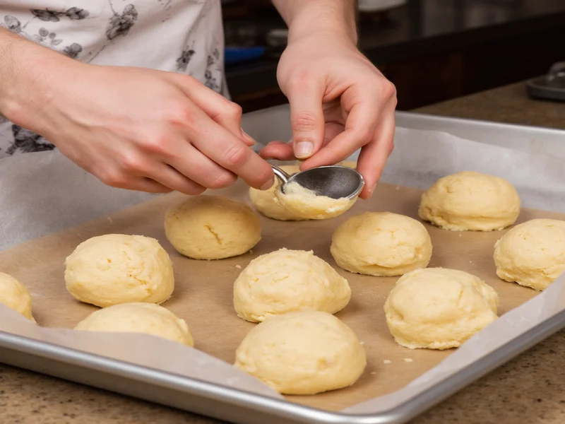 Hands scooping cookie dough balls onto baking sheet with parchment paper