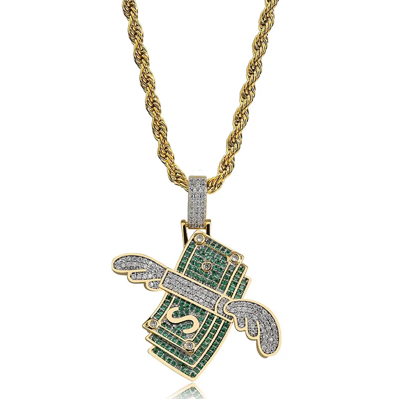

Men Women Hip Hop Rock Jewelry Iced Out Flying Cash Solid Pendant US Dollar Money Style 18K Gold Plated Cubic Zircon Necklace, Picture shows