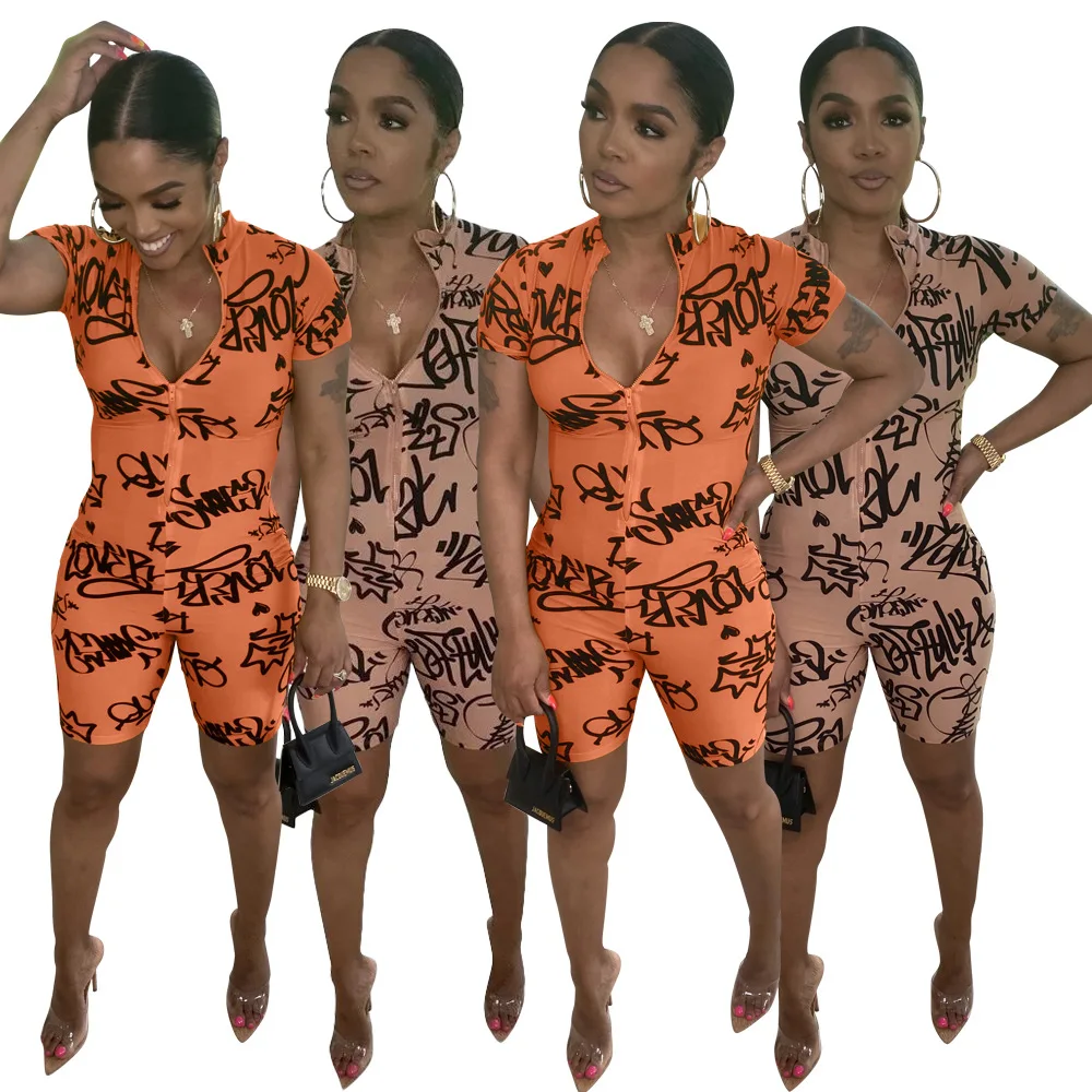 

New V-zip fashion casual graffiti letter print jumpsuit clothes woman rompers one piece romper casual playsuit overalls