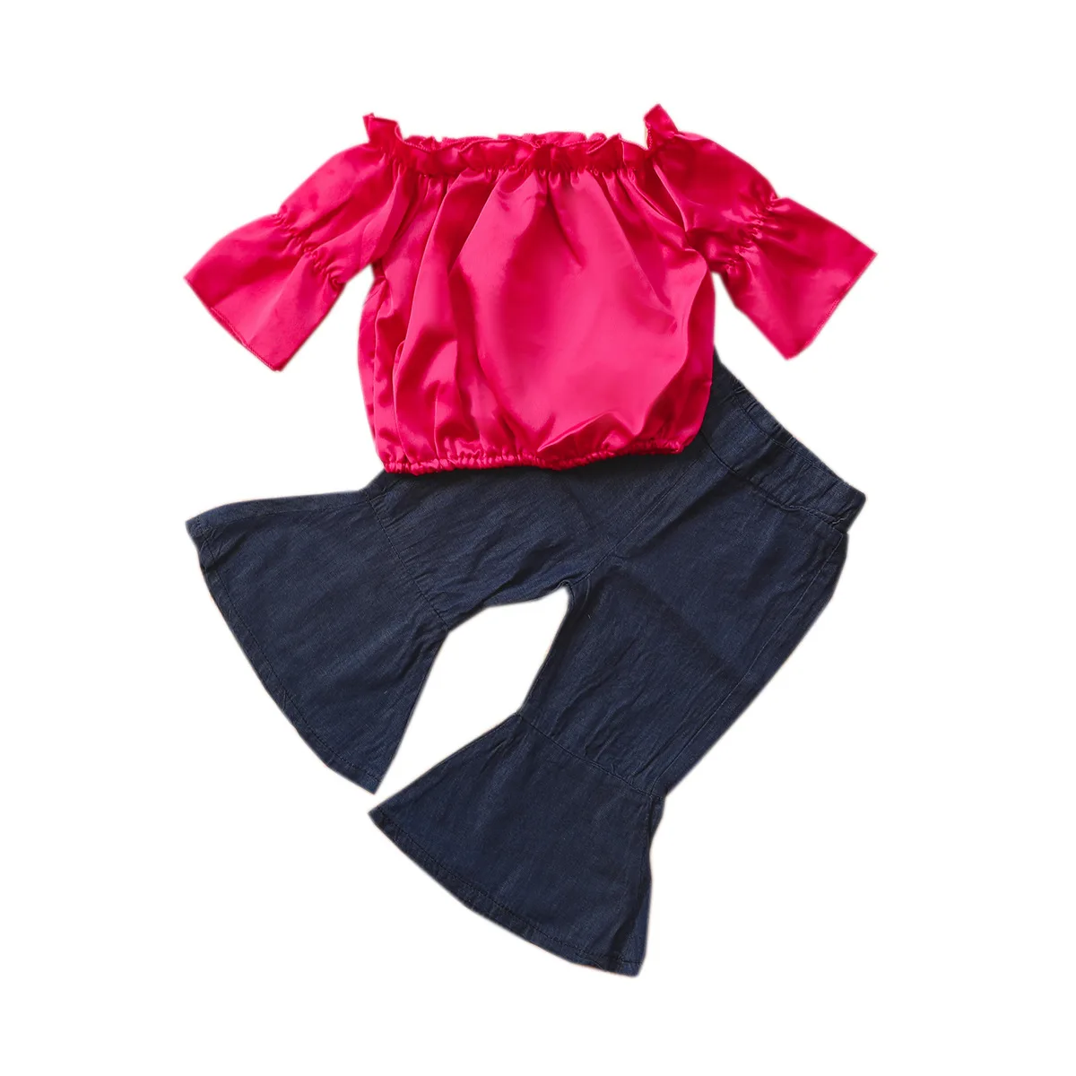 

RTS Summer girls simple children clothing foreign trade one-shoulder half-sleeve solid color top pants kids clothes suit, As pic