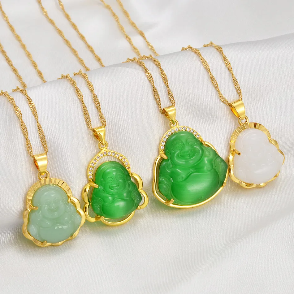 

New Religious Stainless Steel resin amber moldavite necklaces Jewelry Diamond Maitreya Pink Jade green Pendant buddah Necklace