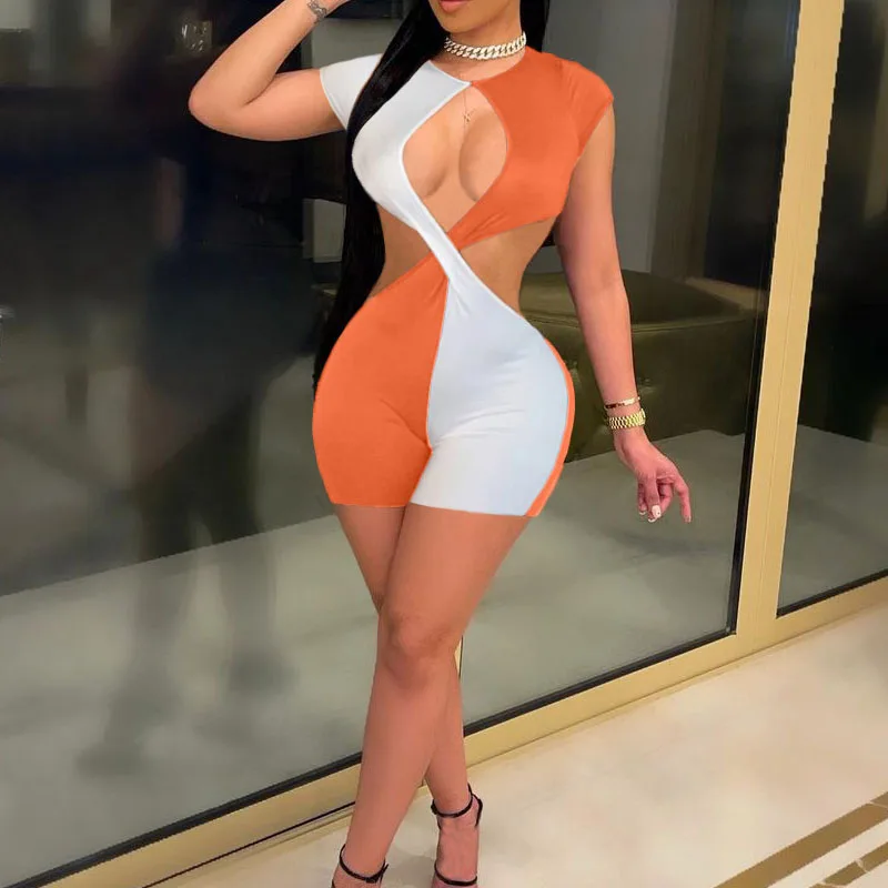 

FS3116D latest design women summer Hollow Out Rompers Club Party Sexy contrast color Jumpsuits