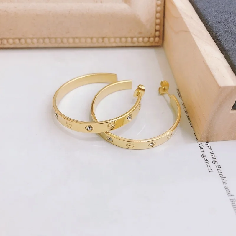 

High quality Korean women jewelry real gold plated micro inlay cute zircon 316 stainless steel hoop earrings, As the pic show