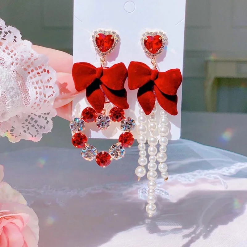 

Korean Elegant Red Velvet Bowknot Asymmetric Long Drop Earrings For Women Fashion Crystal Heart Pendientes Jewelry