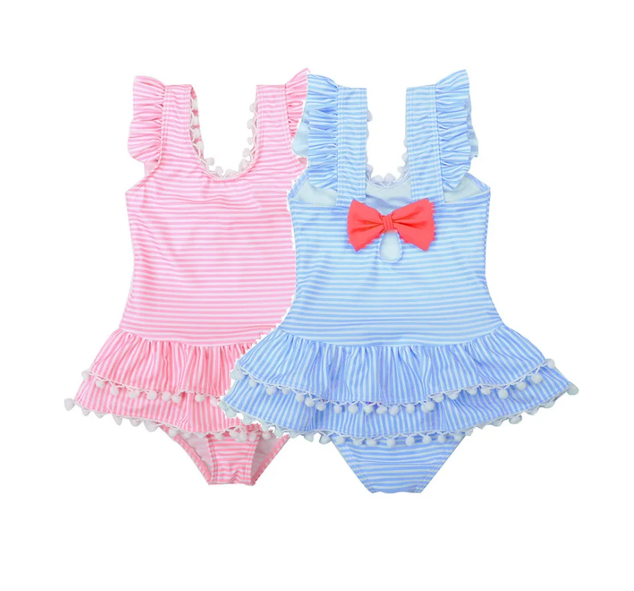 

Kids Seersucker Swim Suit Wholesale Monogrammed 100% cotton One Piece Striped Seersucker Swimsuit DOM112-20079, Pink blue