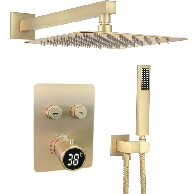 

Temperature display brushed gold concealed shower mixer bathroom 10 inch shower head shower system