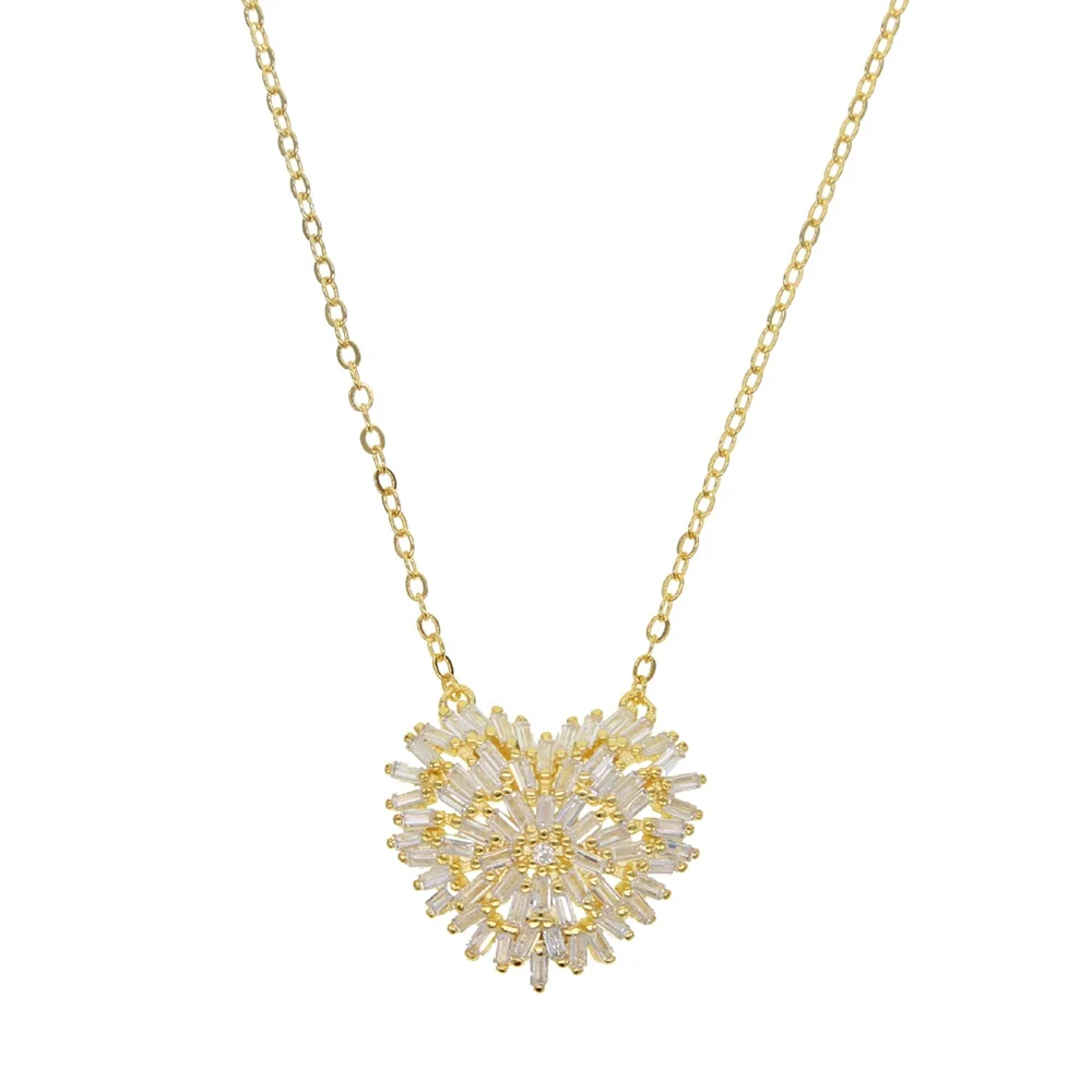 

Gold silver 2 colors 41+5cm baguette firework cz sparking bling Heart pendant necklace for girlfriend