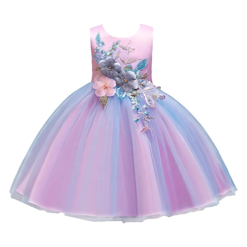

NO.1749 2019 Hot Sales Unicorn Colour Matching Sleeveless embroidered kids clothes Princess's Party for girls dresses
