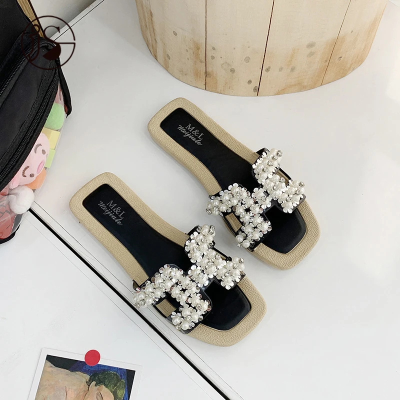 

2021 fashion dazzling summer shoes pearl casual slippers comfort light weight slippers women unique styles ladies women, Customized color