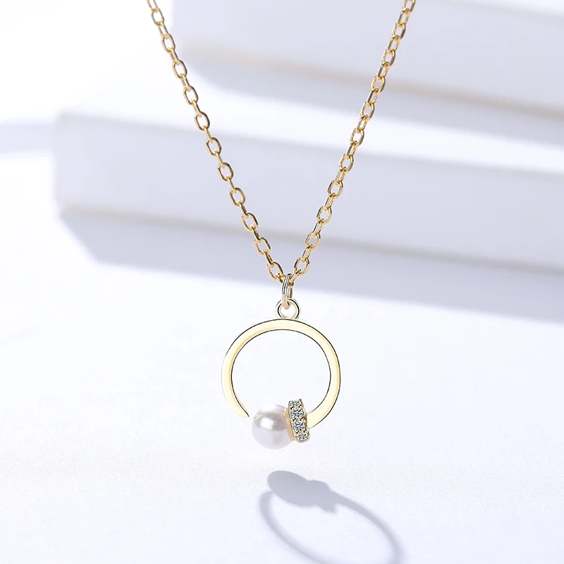 

S925 sterling silver geometric circle pendant with pearl necklace A1560, Gold plating