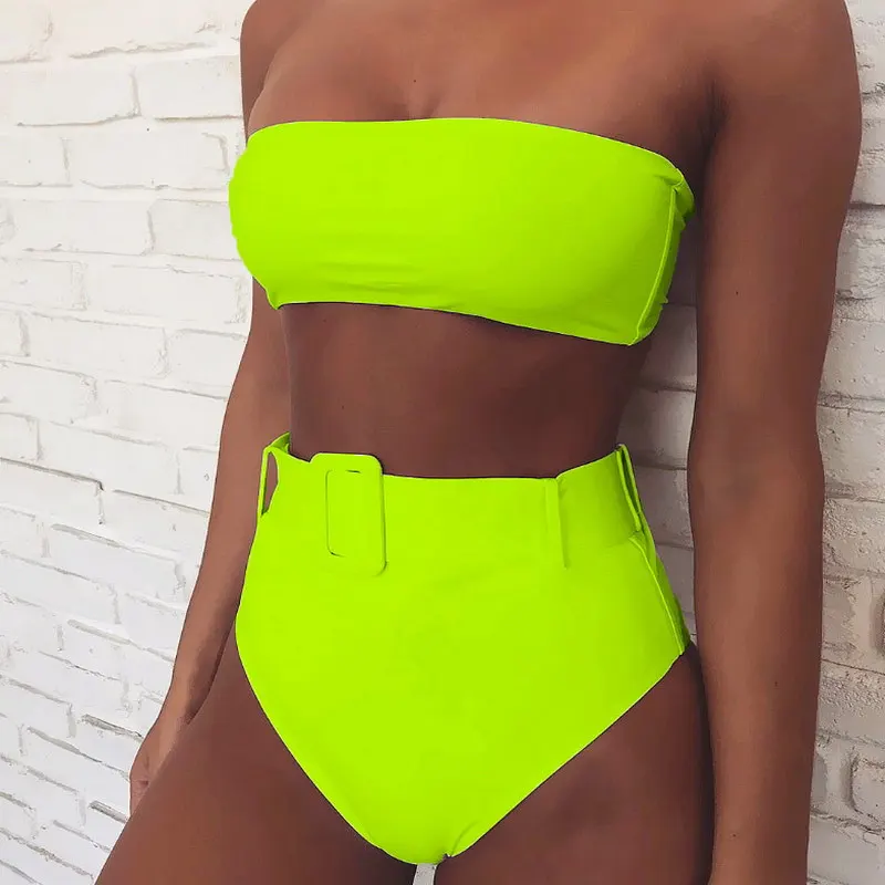 

Latest Design Women High Elasticity Swimsuit Breast Sexy Circle Buckle Belt High Waist Print Bikini, As pictures