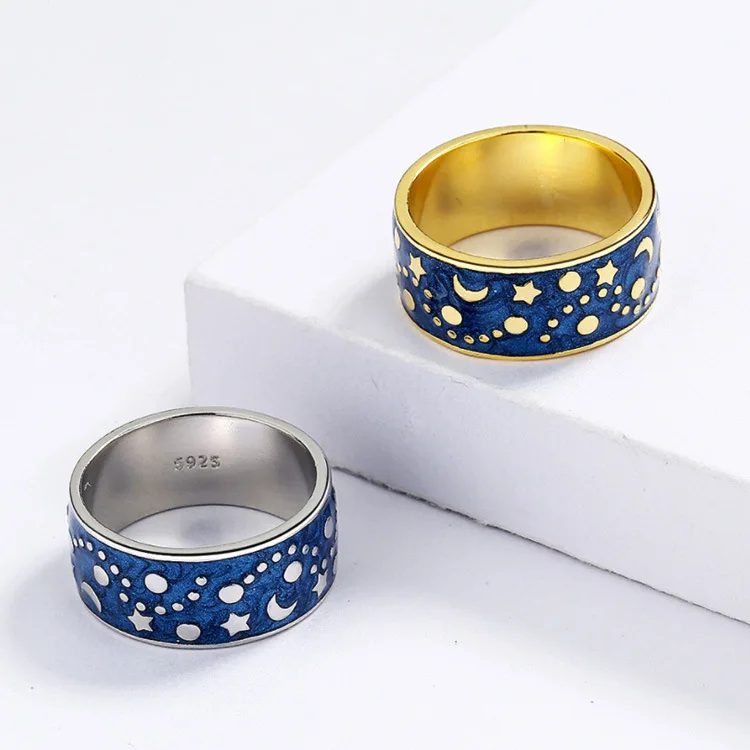 

Blue oval epoxy KYRA01430 new exquisite shiny star and moon shape two color handmade enamel women's rings for party, Silver,gold