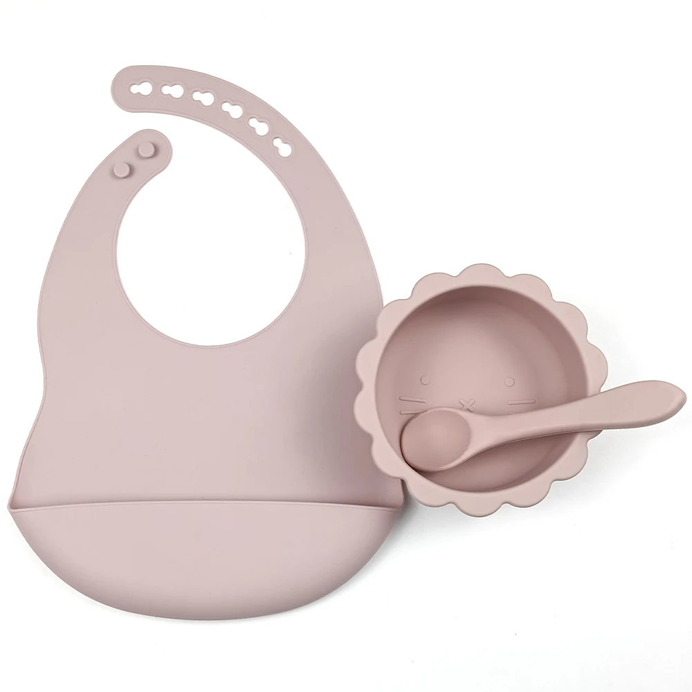 

En Silicone Ultra Souple Silicon Babi Bib With Food Catcher Newborn Baby Bibs Suction Bowl Baby Self Feeding Tableware Set Spoon