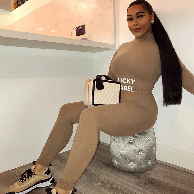 

X01756C Letter Printed Casual Two Piece Set Women 2020 Turtleneck Crop Top+Pants Fitness Workout Elastic Skinny Bodycon Outfit, Black