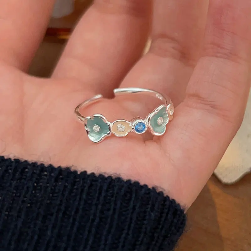 Korean Design 925 Sterling Silver Open Adjustable Enamel Finger Rings Women Gifts Jewelry