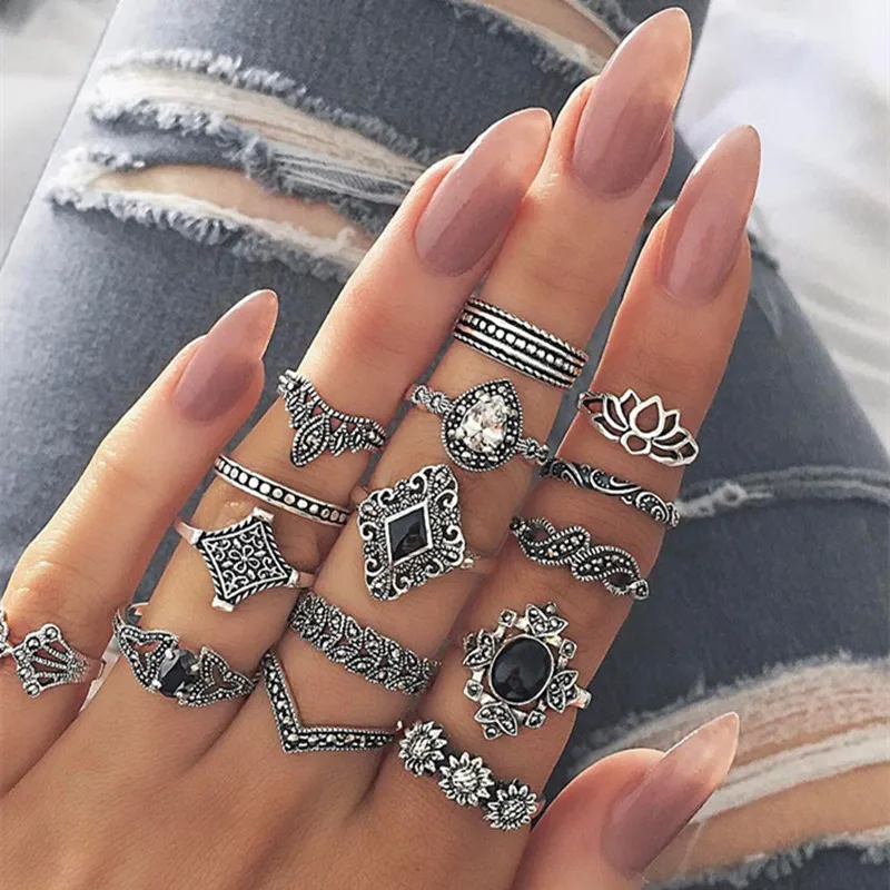 

15 pcs Trend Retro Hollow 4 Finger Ring set Fashion Women Ladies Boho Silver Knuckle Rings Sets