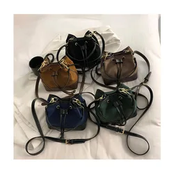 2021 Fall Winter Suede Leather Bucket Purses Retro Ladies Drawstring Shoulder Messenger Bags Patchwork Ruched Handbags for Women