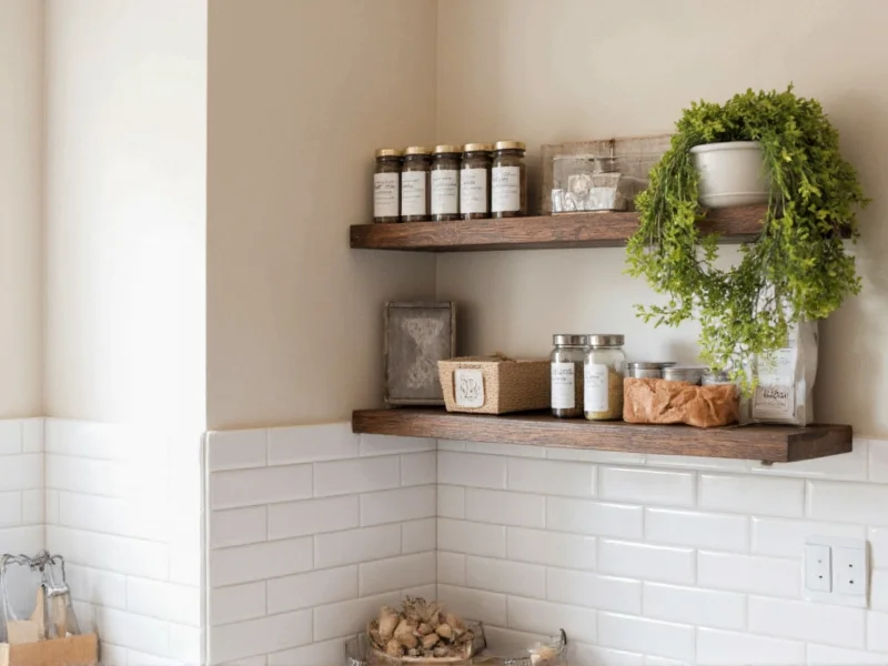 Reclaimed wood spice shelf mounted above kitchen counter