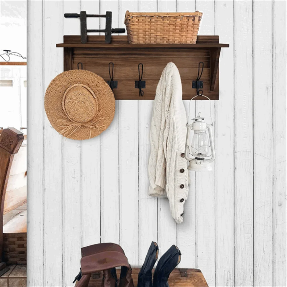 Country rustic style brown solid pine wood with 5 hooks best selling key rack vintage wall coat rack coat rack wall