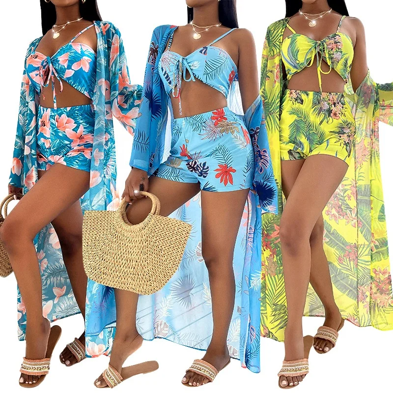 

2022 3 Piece Bikini Set Swimsuit With Cover Ups Women Summer Swimwear Women Beach Cover Up Swimsuits Bathing Suits Bikini