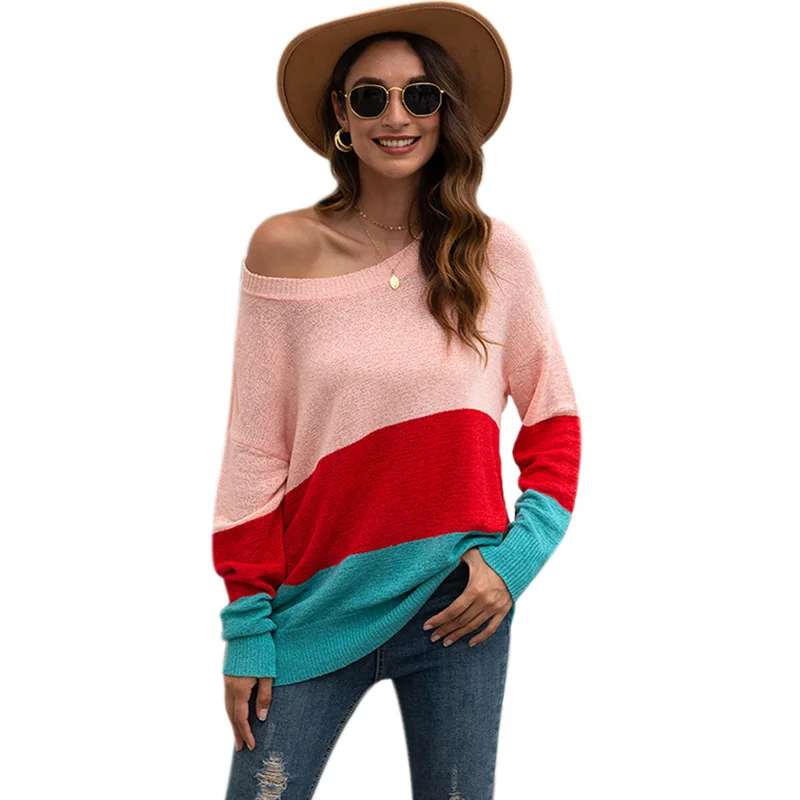 

High Quality Comfortable Thin Knitted Stitching Loose Sweater Striped Strapless Women Pullover, #1-#4